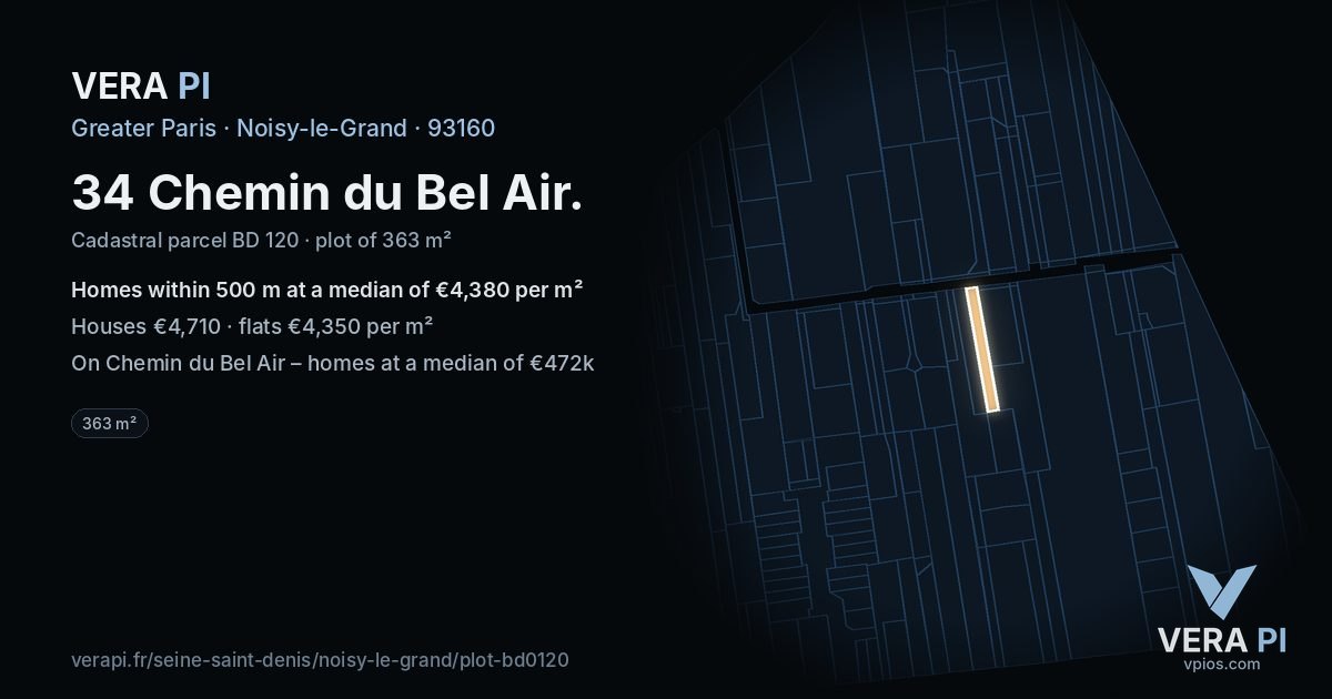 34 Chemin du Bel Air, Noisy-le-Grand at night – the plot lit, the parcels around coloured by the prices near them