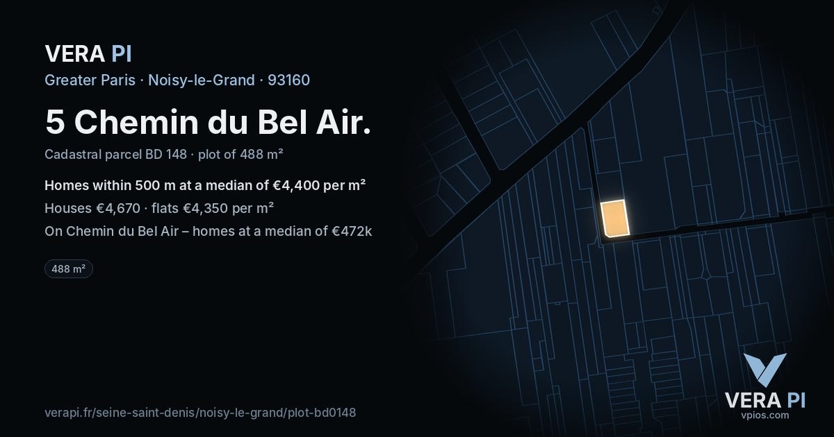 5 Chemin du Bel Air, Noisy-le-Grand at night – the plot lit, the parcels around coloured by the prices near them