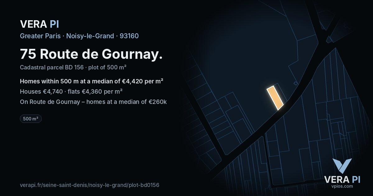 75 Route de Gournay, Noisy-le-Grand at night – the plot lit, the parcels around coloured by the prices near them