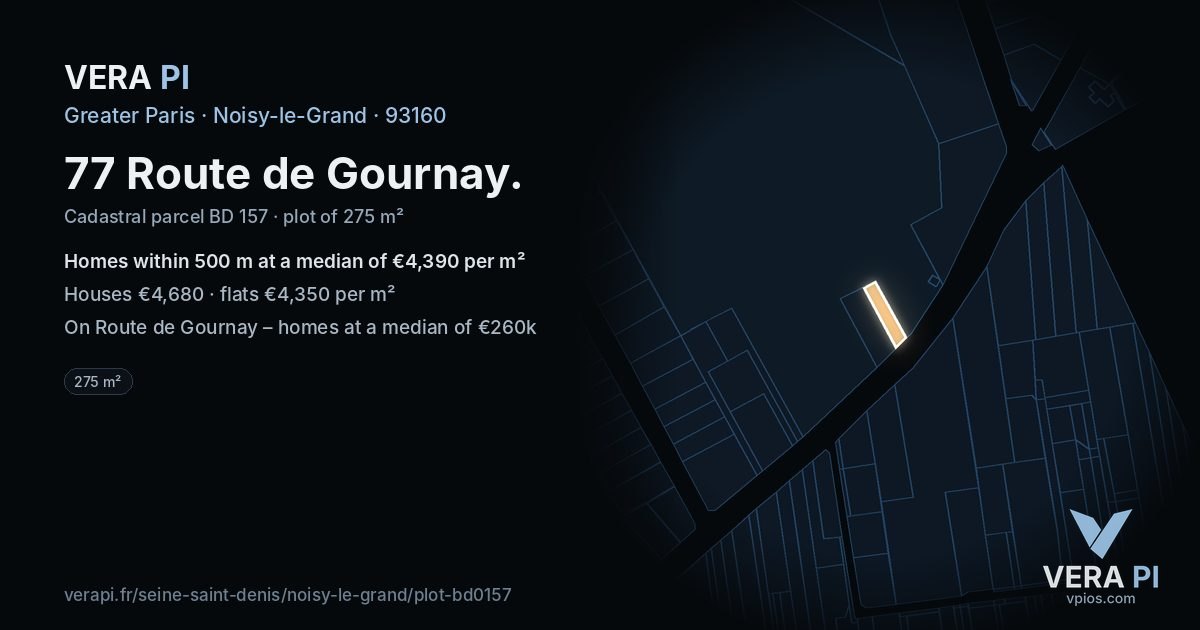 77 Route de Gournay, Noisy-le-Grand at night – the plot lit, the parcels around coloured by the prices near them