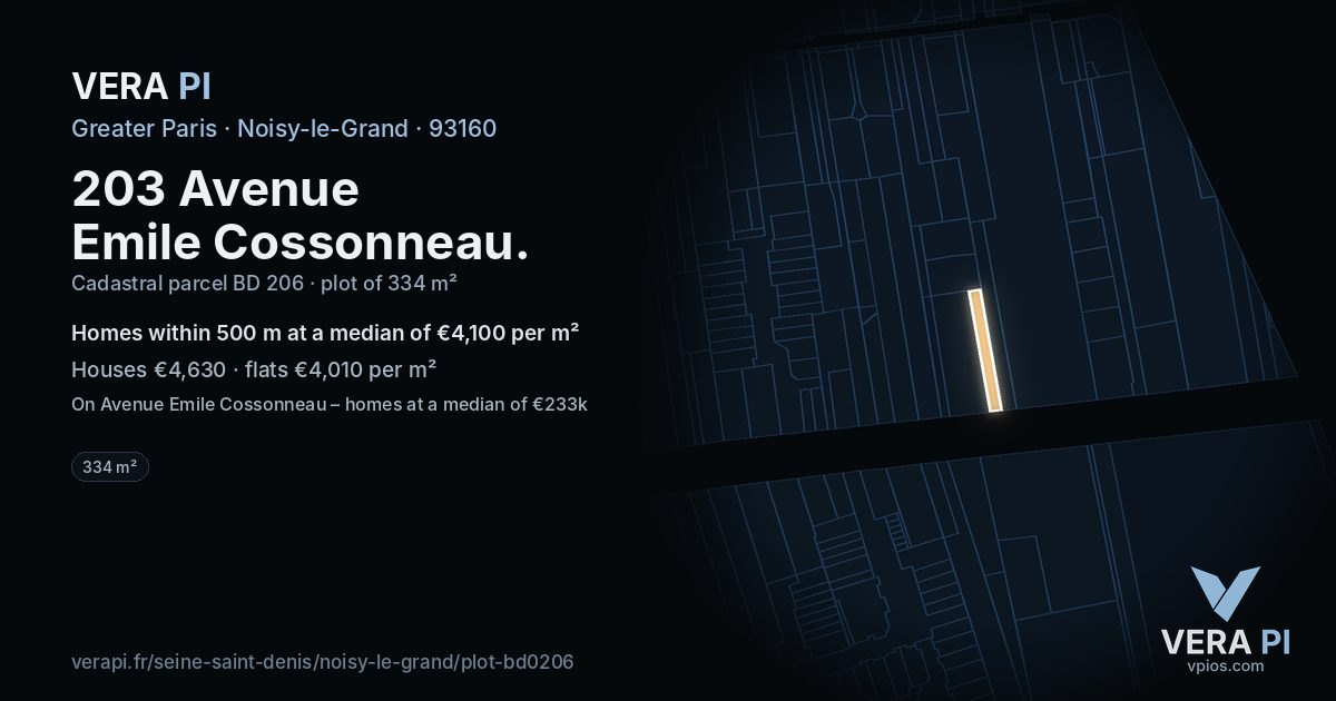 203 Avenue Emile Cossonneau, Noisy-le-Grand at night – the plot lit, the parcels around coloured by the prices near them