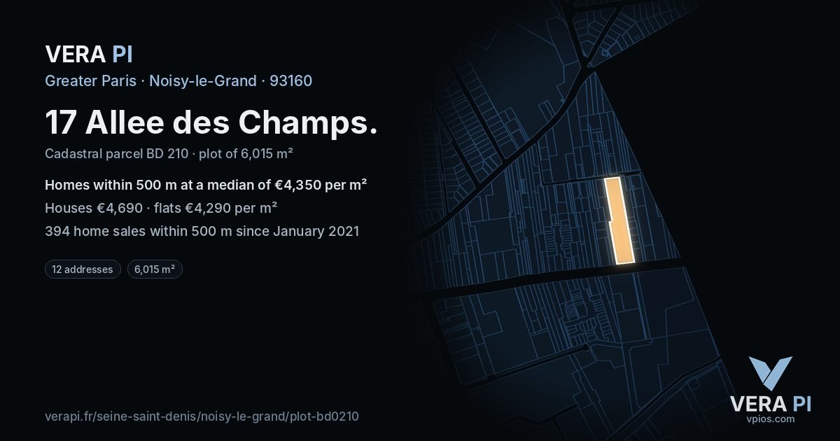 17 Allee des Champs, Noisy-le-Grand at night – the plot lit, the parcels around coloured by the prices near them