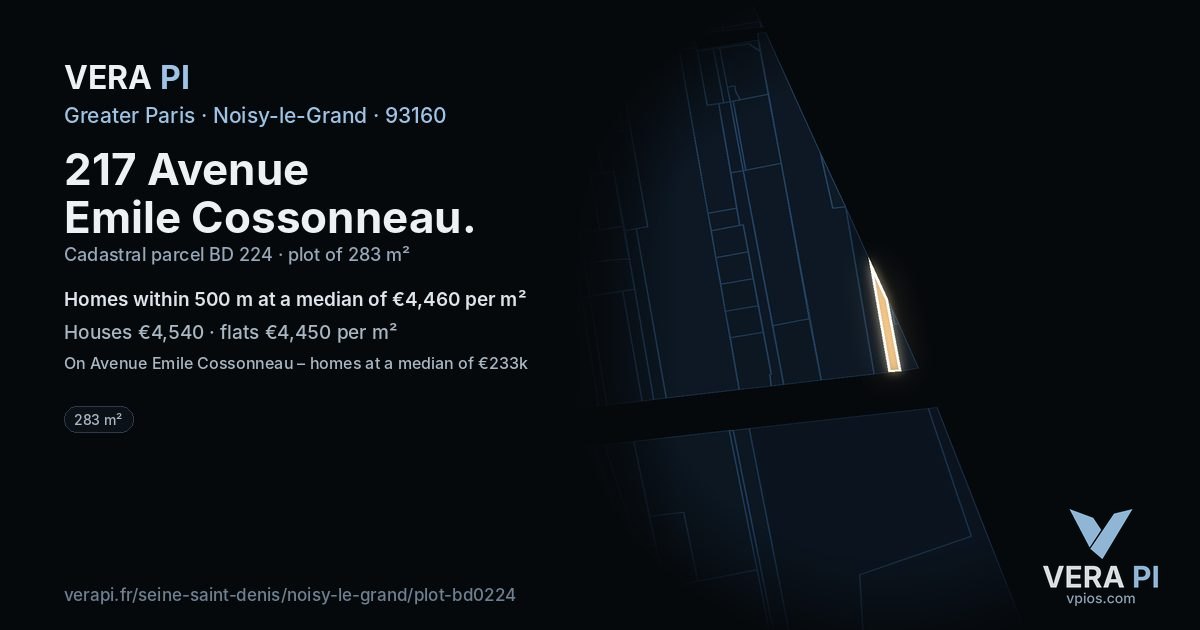 217 Avenue Emile Cossonneau, Noisy-le-Grand at night – the plot lit, the parcels around coloured by the prices near them