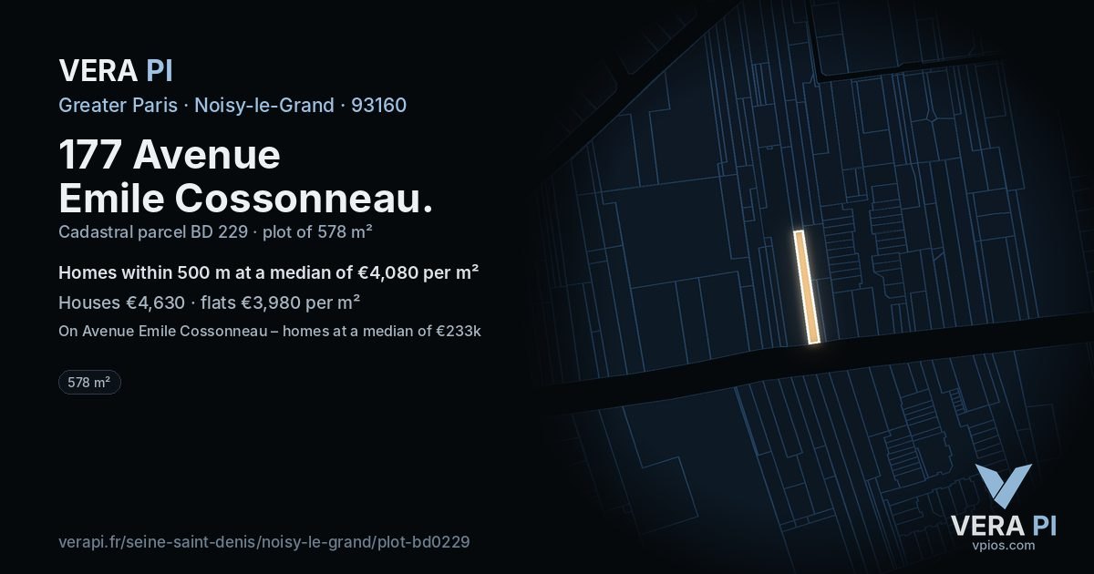 177 Avenue Emile Cossonneau, Noisy-le-Grand at night – the plot lit, the parcels around coloured by the prices near them