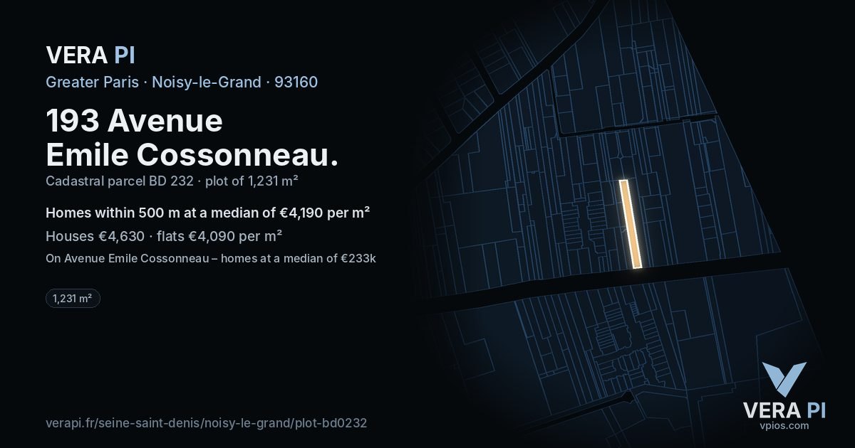 193 Avenue Emile Cossonneau, Noisy-le-Grand at night – the plot lit, the parcels around coloured by the prices near them