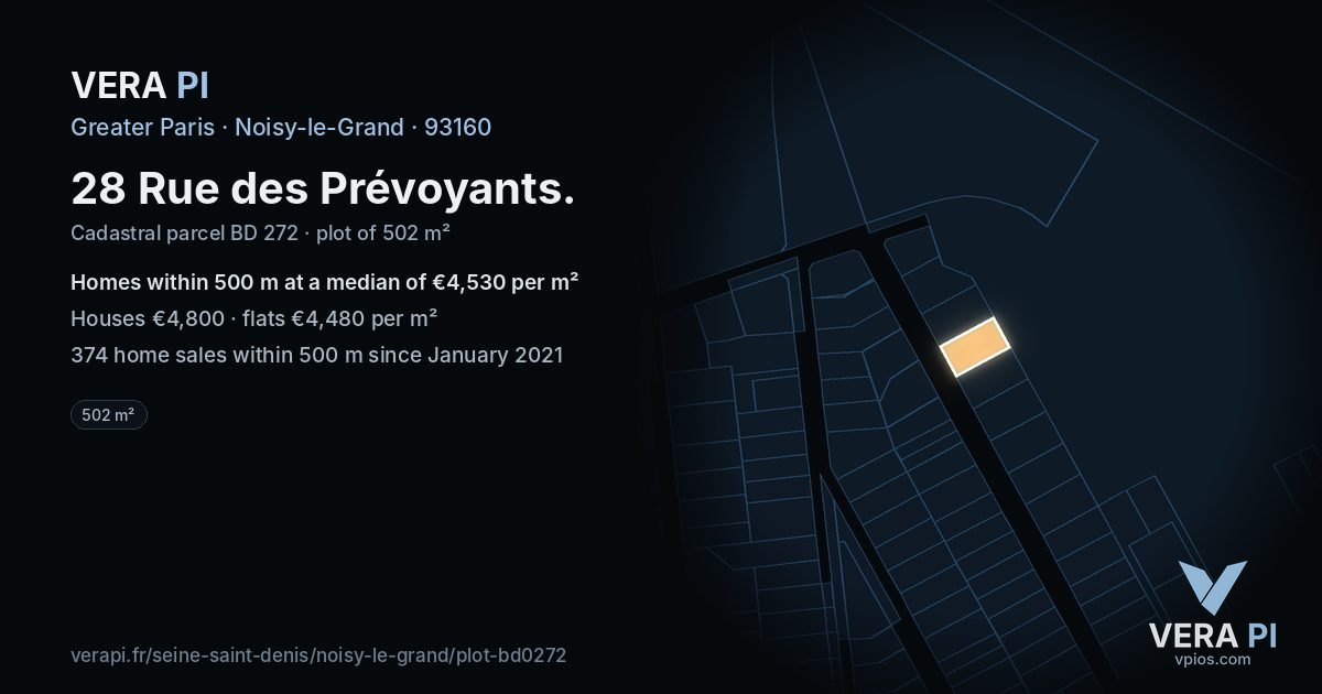 28 Rue des Prévoyants, Noisy-le-Grand at night – the plot lit, the parcels around coloured by the prices near them