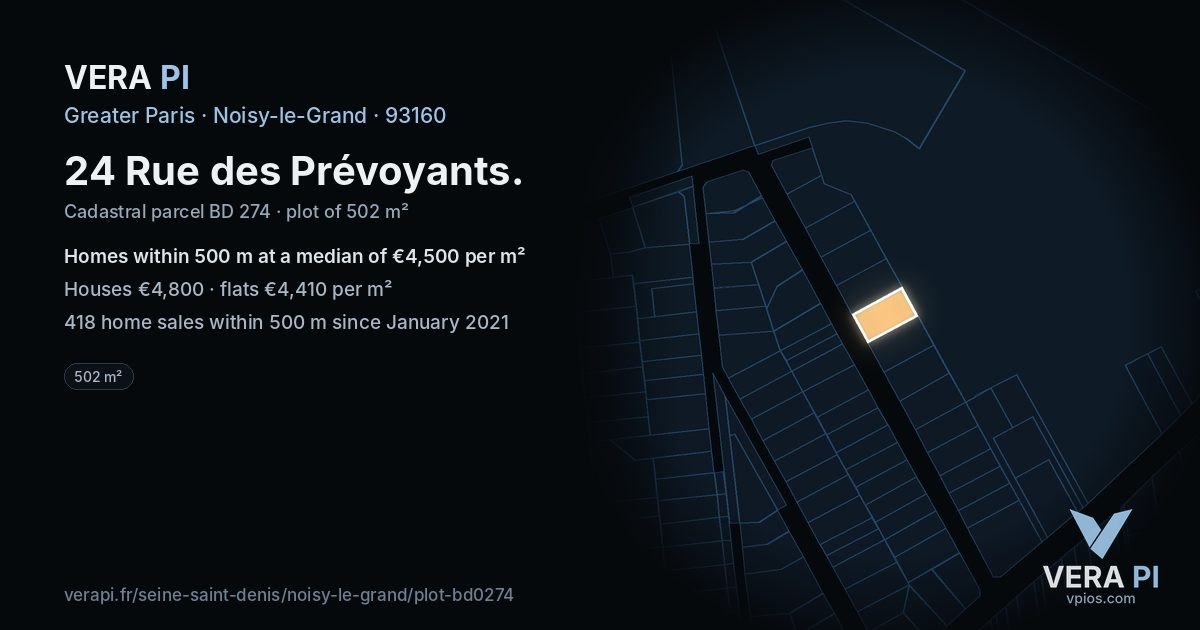 24 Rue des Prévoyants, Noisy-le-Grand at night – the plot lit, the parcels around coloured by the prices near them