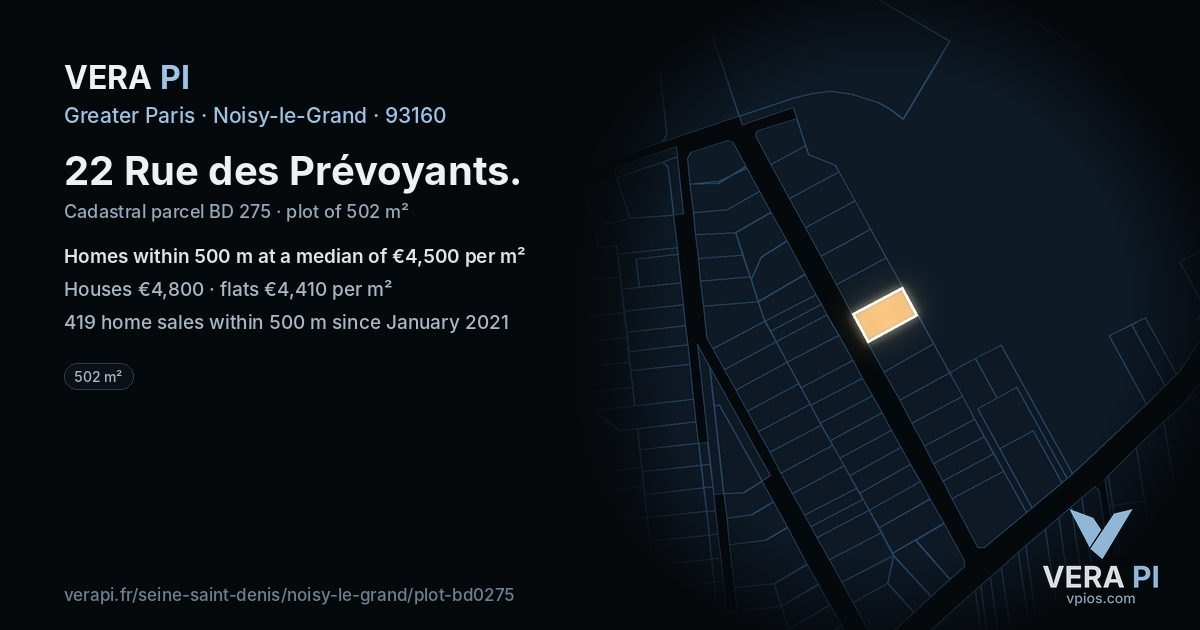 22 Rue des Prévoyants, Noisy-le-Grand at night – the plot lit, the parcels around coloured by the prices near them