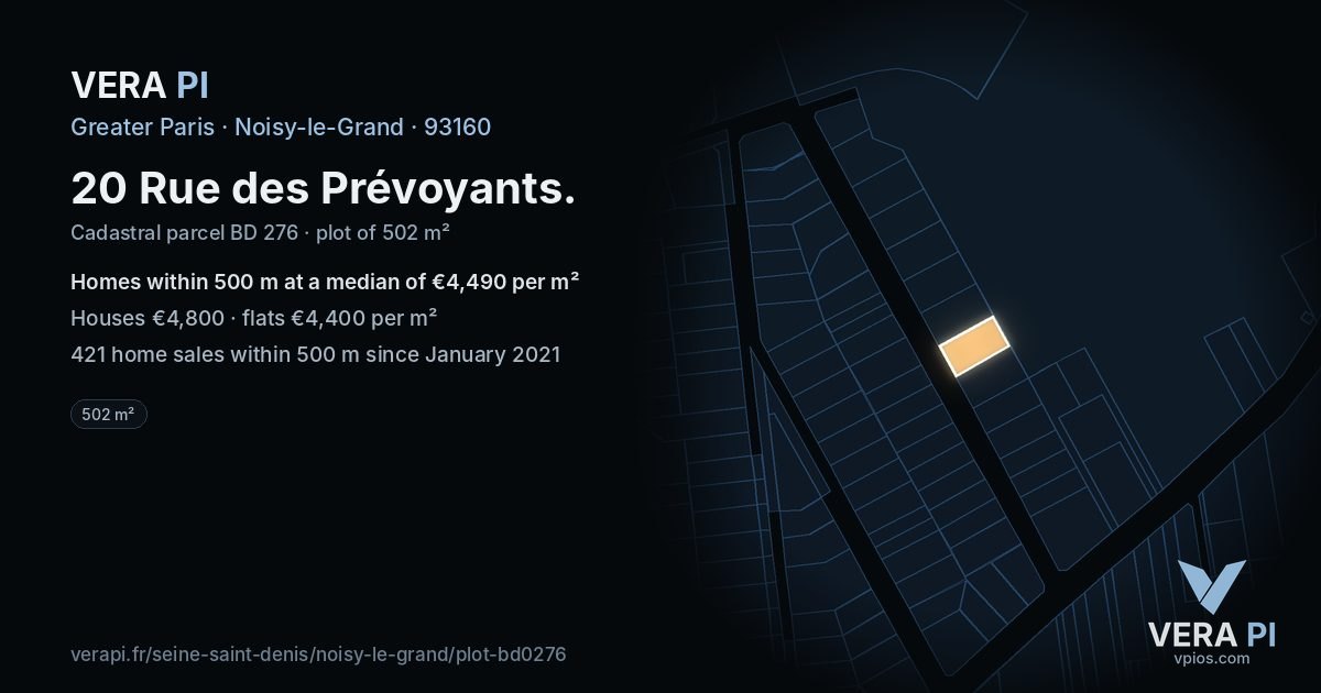 20 Rue des Prévoyants, Noisy-le-Grand at night – the plot lit, the parcels around coloured by the prices near them