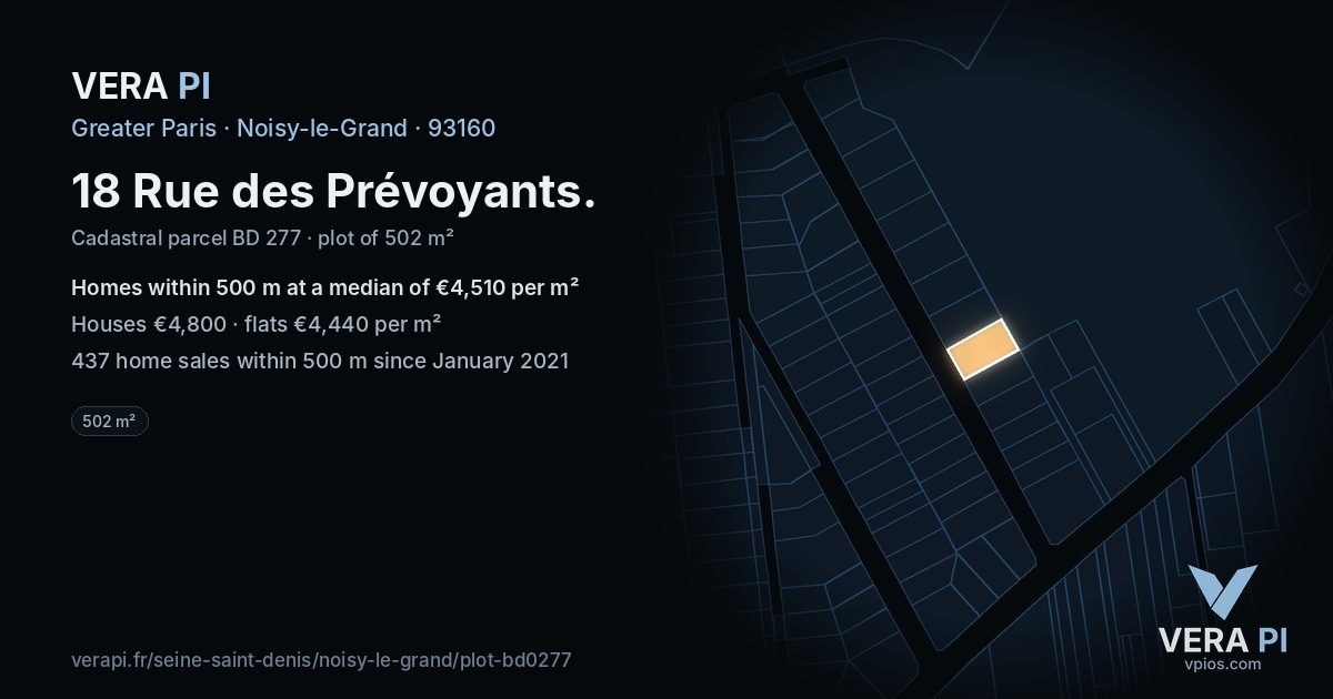 18 Rue des Prévoyants, Noisy-le-Grand at night – the plot lit, the parcels around coloured by the prices near them