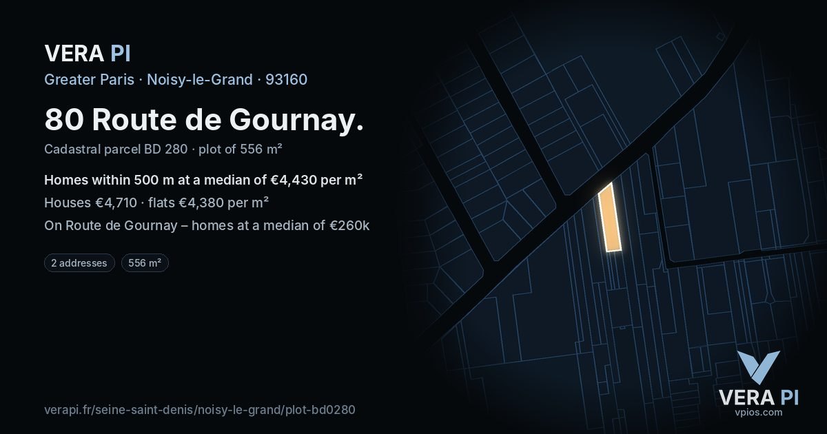 80 Route de Gournay, Noisy-le-Grand at night – the plot lit, the parcels around coloured by the prices near them
