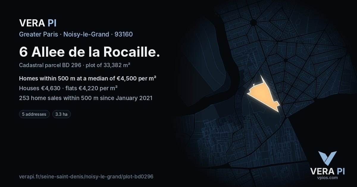6 Allee de la Rocaille, Noisy-le-Grand at night – the plot lit, the parcels around coloured by the prices near them