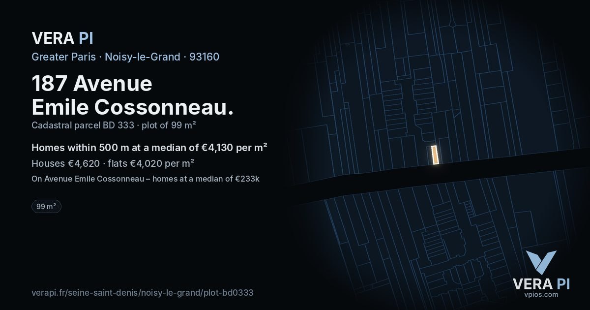 187 Avenue Emile Cossonneau, Noisy-le-Grand at night – the plot lit, the parcels around coloured by the prices near them