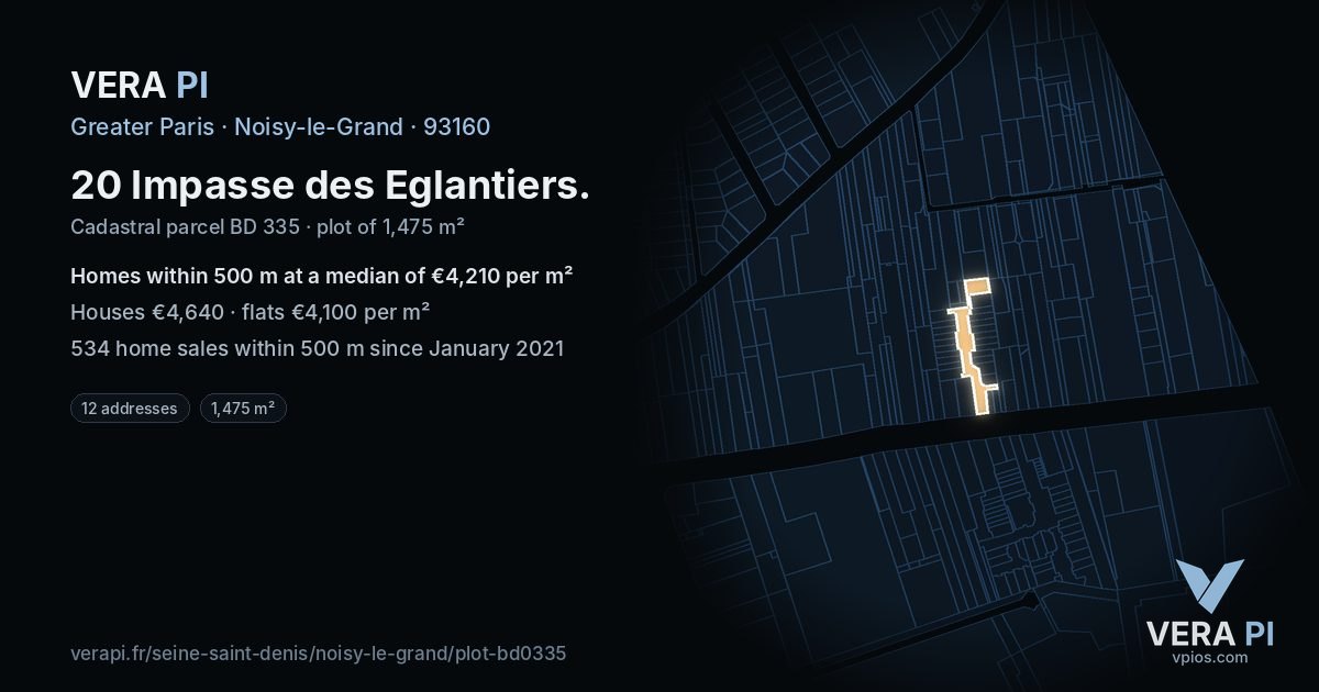 20 Impasse des Eglantiers, Noisy-le-Grand at night – the plot lit, the parcels around coloured by the prices near them