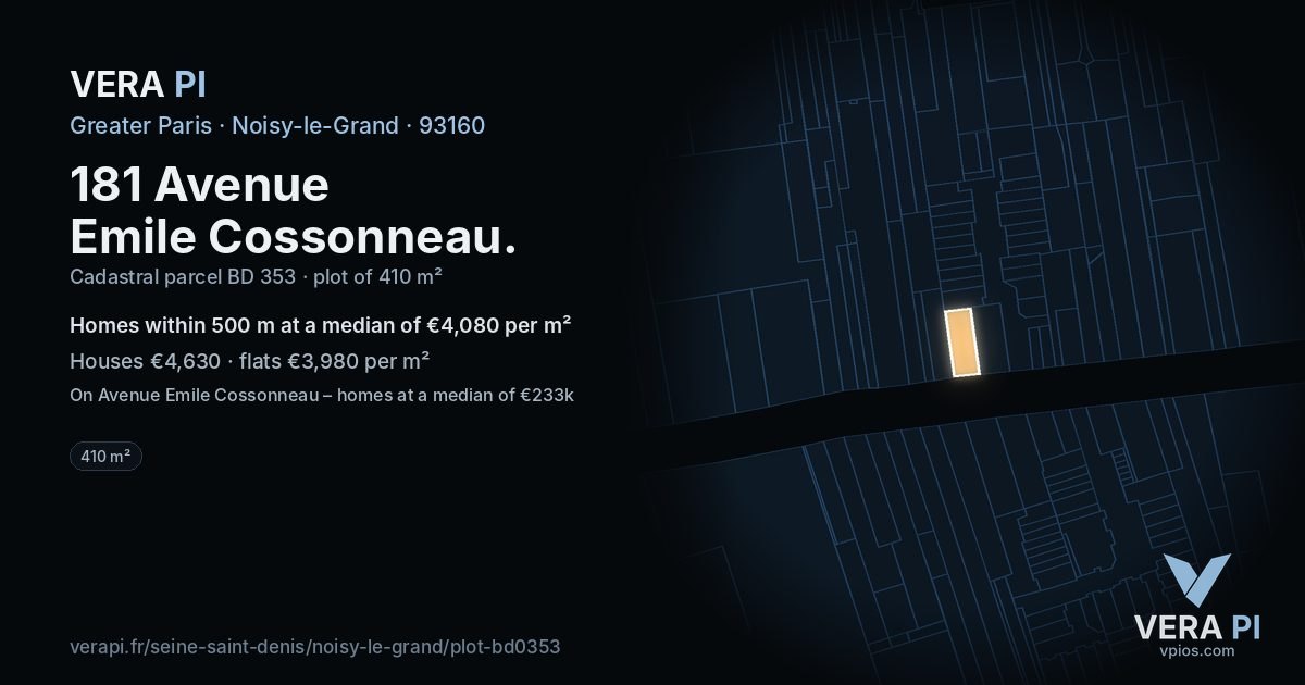 181 Avenue Emile Cossonneau, Noisy-le-Grand at night – the plot lit, the parcels around coloured by the prices near them