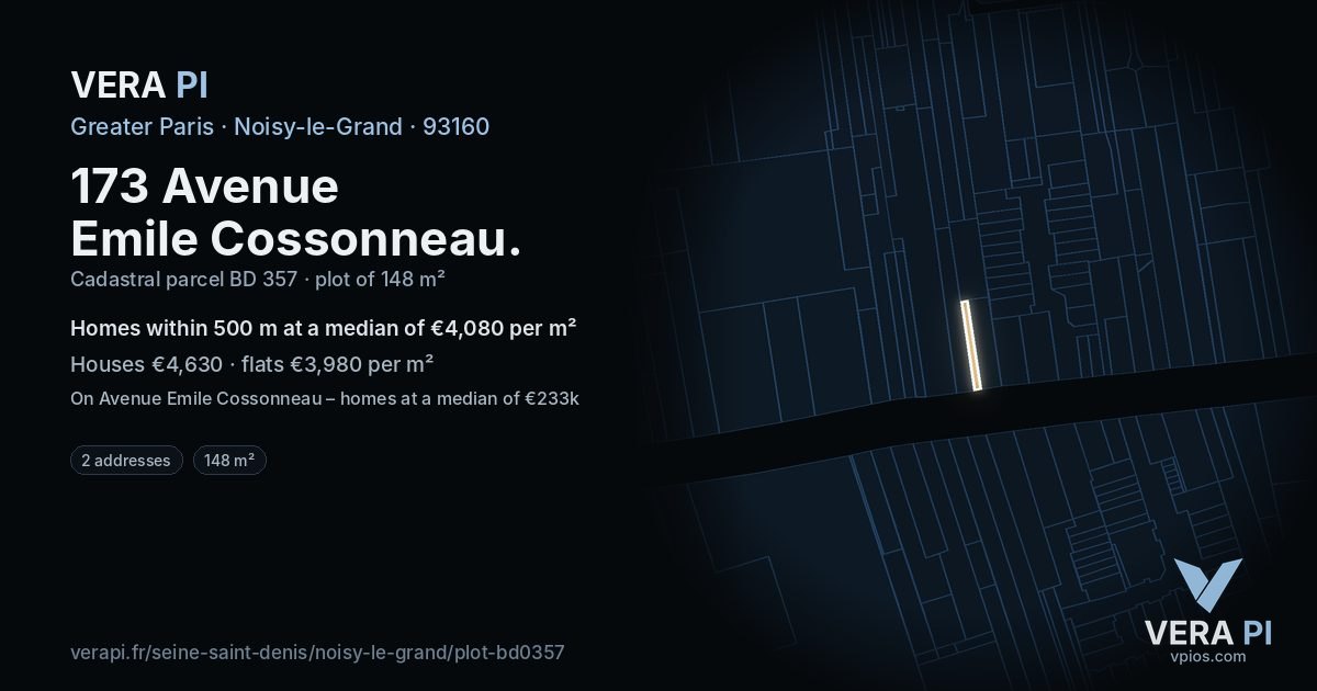 173 Avenue Emile Cossonneau, Noisy-le-Grand at night – the plot lit, the parcels around coloured by the prices near them