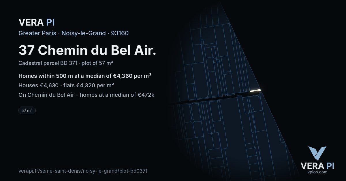 37 Chemin du Bel Air, Noisy-le-Grand at night – the plot lit, the parcels around coloured by the prices near them
