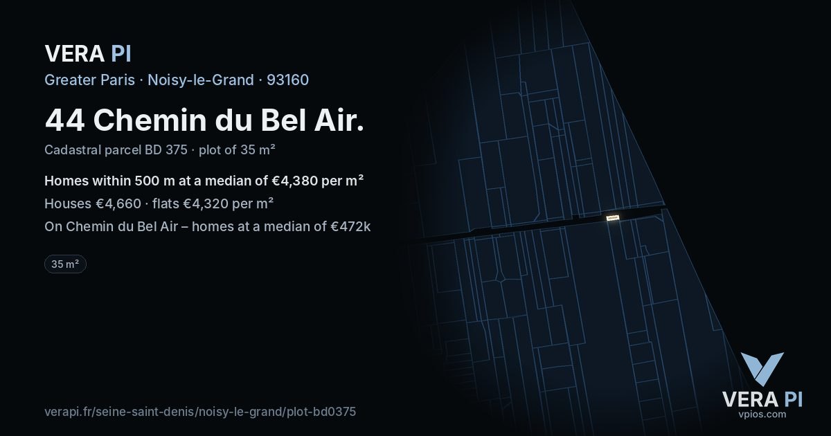 44 Chemin du Bel Air, Noisy-le-Grand at night – the plot lit, the parcels around coloured by the prices near them