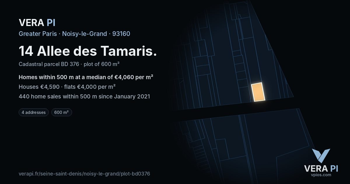 14 Allee des Tamaris, Noisy-le-Grand at night – the plot lit, the parcels around coloured by the prices near them