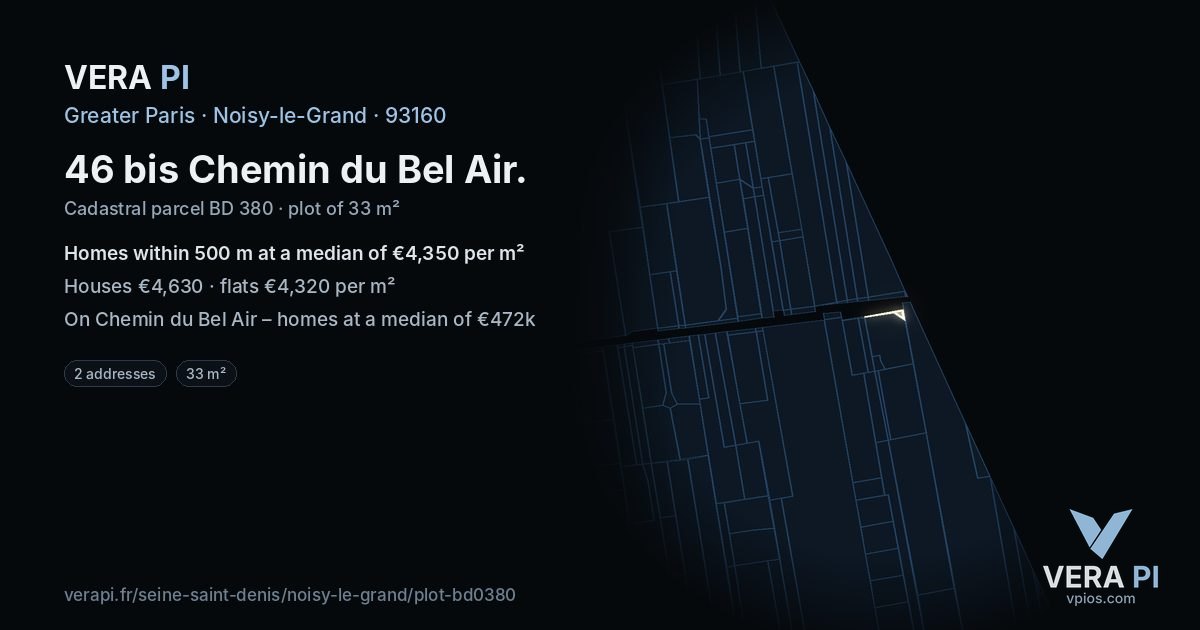 46 bis Chemin du Bel Air, Noisy-le-Grand at night – the plot lit, the parcels around coloured by the prices near them