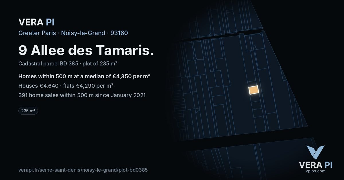 9 Allee des Tamaris, Noisy-le-Grand at night – the plot lit, the parcels around coloured by the prices near them