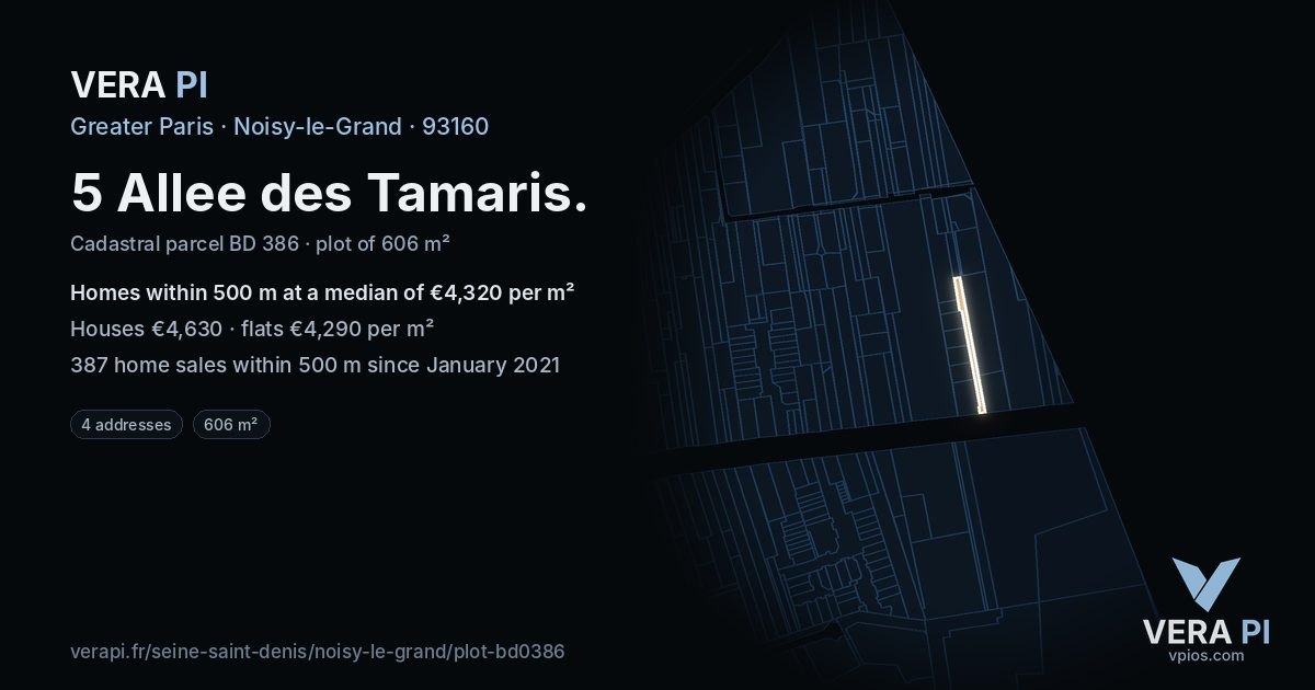 5 Allee des Tamaris, Noisy-le-Grand at night – the plot lit, the parcels around coloured by the prices near them