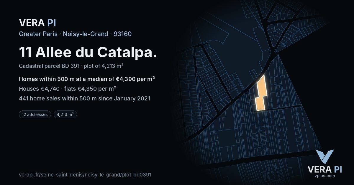 11 Allee du Catalpa, Noisy-le-Grand at night – the plot lit, the parcels around coloured by the prices near them
