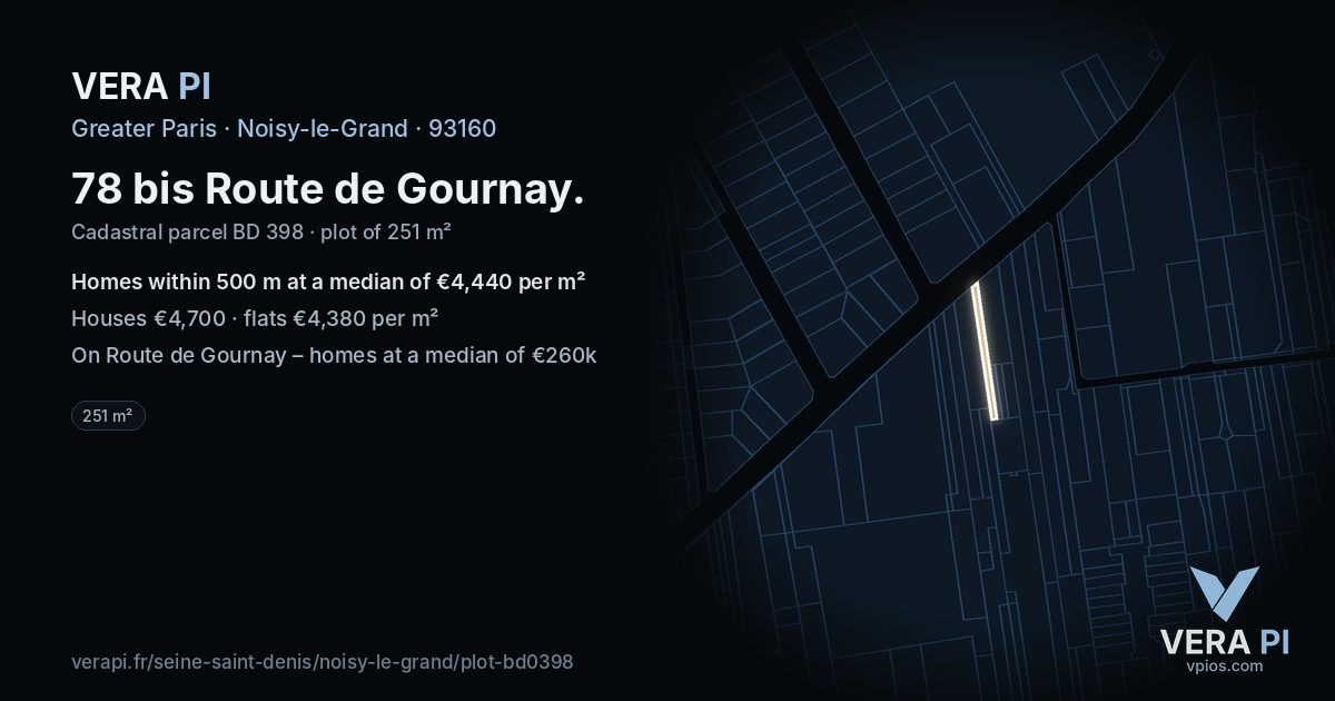 78 bis Route de Gournay, Noisy-le-Grand at night – the plot lit, the parcels around coloured by the prices near them