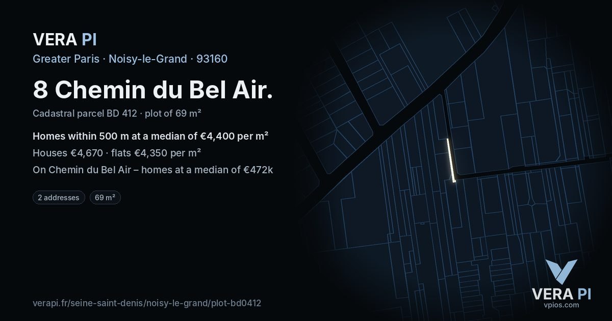 8 Chemin du Bel Air, Noisy-le-Grand at night – the plot lit, the parcels around coloured by the prices near them