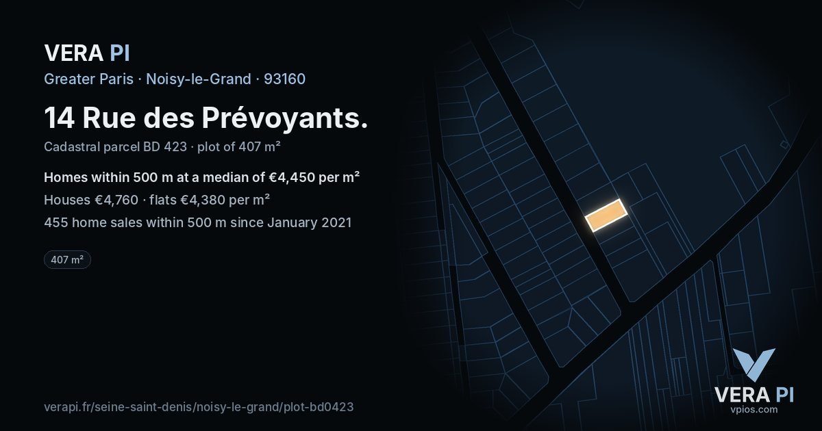 14 Rue des Prévoyants, Noisy-le-Grand at night – the plot lit, the parcels around coloured by the prices near them