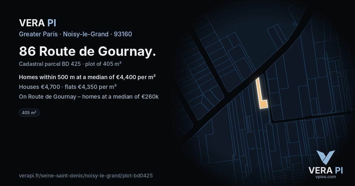 86 Route de Gournay, Noisy-le-Grand at night – the plot lit, the parcels around coloured by the prices near them