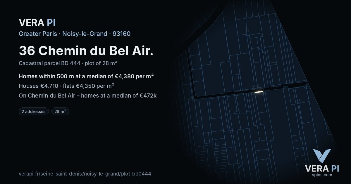 36 Chemin du Bel Air, Noisy-le-Grand at night – the plot lit, the parcels around coloured by the prices near them