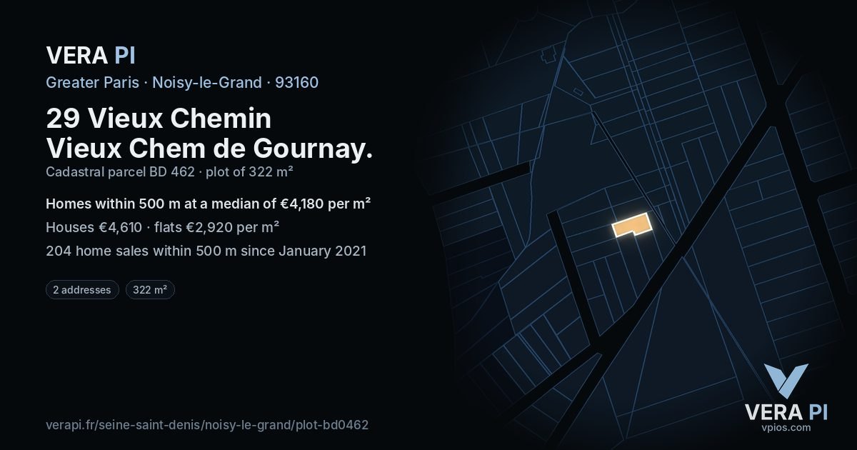 29 Vieux Chemin Vieux Chem de Gournay, Noisy-le-Grand at night – the plot lit, the parcels around coloured by the prices near them