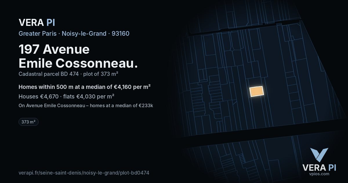 197 Avenue Emile Cossonneau, Noisy-le-Grand at night – the plot lit, the parcels around coloured by the prices near them