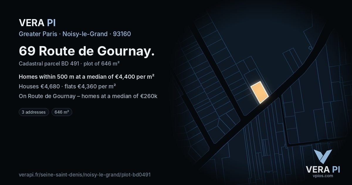69 Route de Gournay, Noisy-le-Grand at night – the plot lit, the parcels around coloured by the prices near them