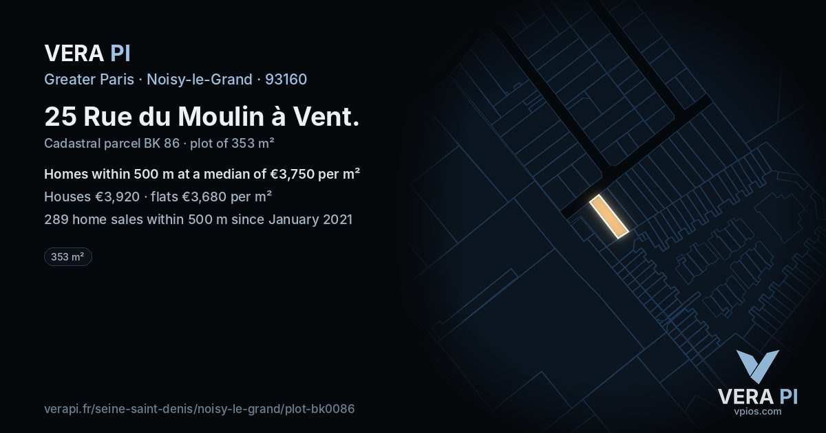 25 Rue du Moulin à Vent, Noisy-le-Grand at night – the plot lit, the parcels around coloured by the prices near them