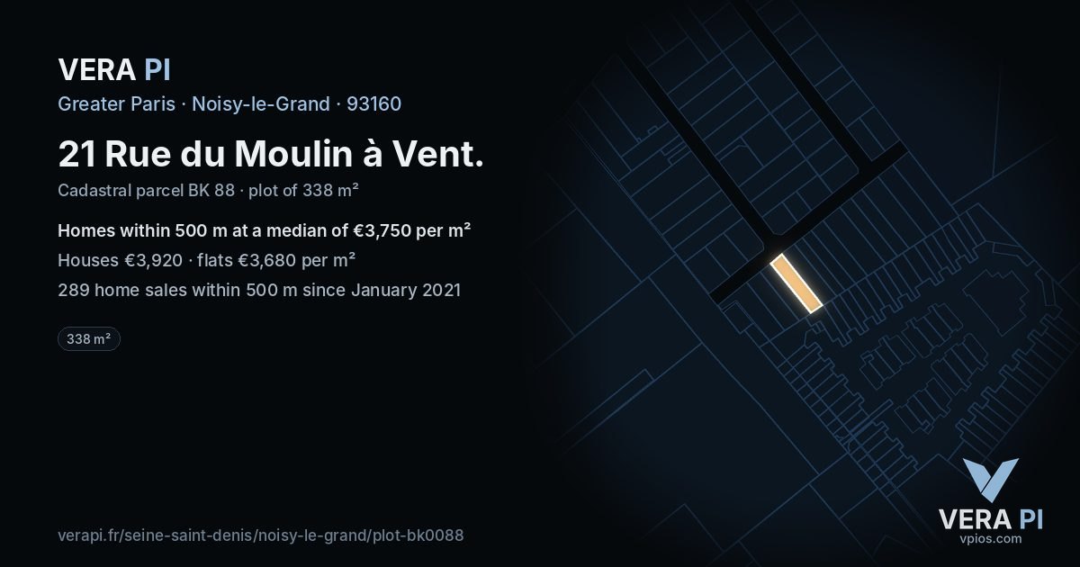 21 Rue du Moulin à Vent, Noisy-le-Grand at night – the plot lit, the parcels around coloured by the prices near them