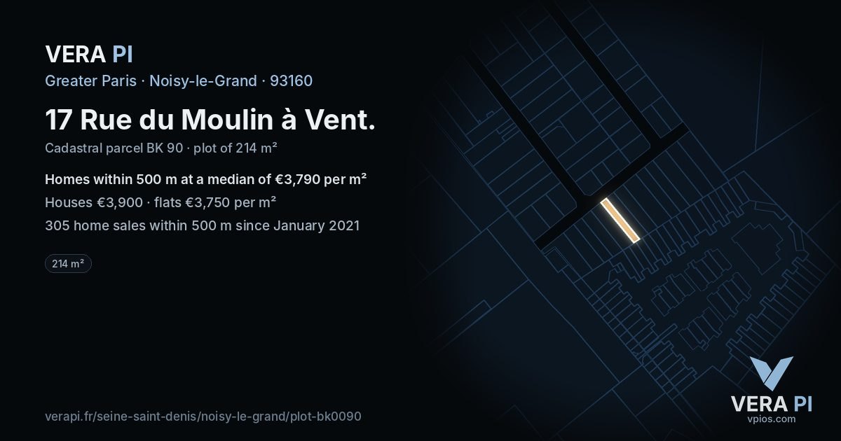 17 Rue du Moulin à Vent, Noisy-le-Grand at night – the plot lit, the parcels around coloured by the prices near them