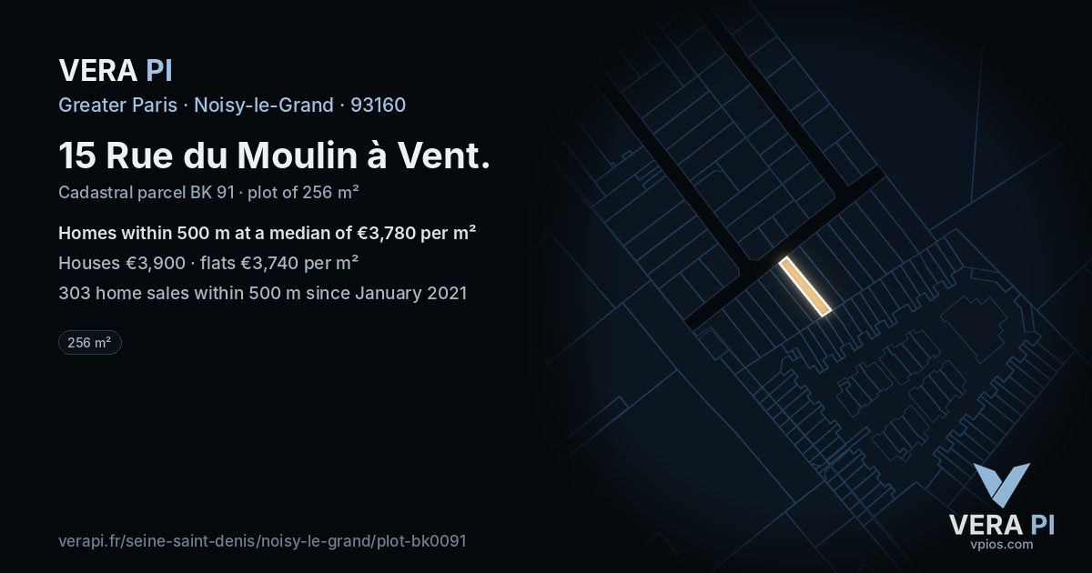 15 Rue du Moulin à Vent, Noisy-le-Grand at night – the plot lit, the parcels around coloured by the prices near them