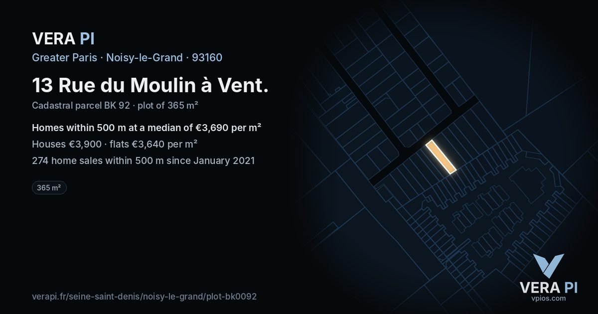 13 Rue du Moulin à Vent, Noisy-le-Grand at night – the plot lit, the parcels around coloured by the prices near them