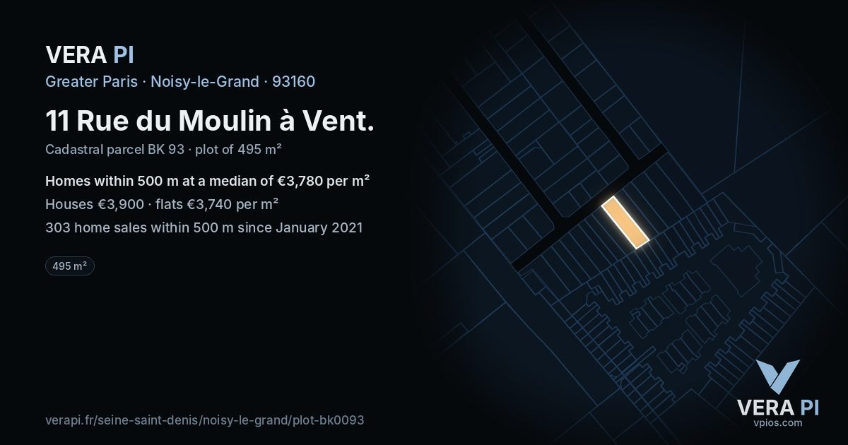 11 Rue du Moulin à Vent, Noisy-le-Grand at night – the plot lit, the parcels around coloured by the prices near them
