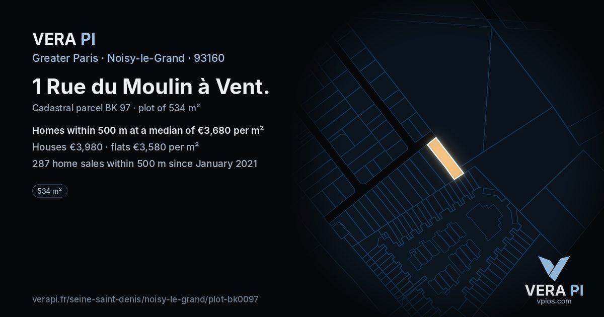 1 Rue du Moulin à Vent, Noisy-le-Grand at night – the plot lit, the parcels around coloured by the prices near them