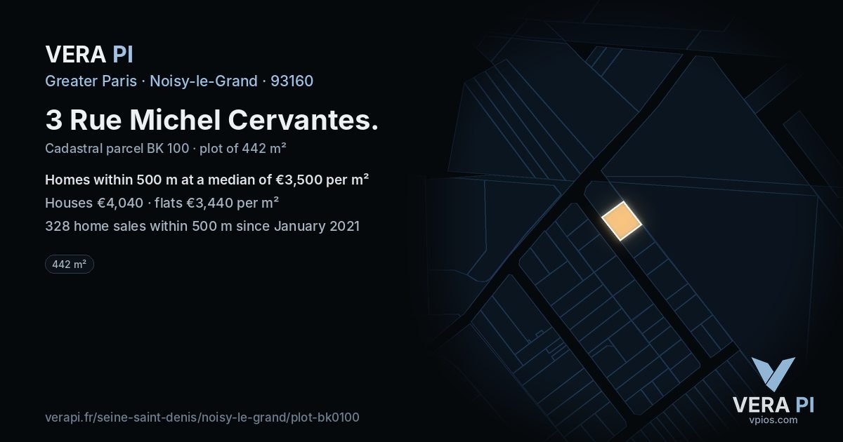 3 Rue Michel Cervantes, Noisy-le-Grand at night – the plot lit, the parcels around coloured by the prices near them