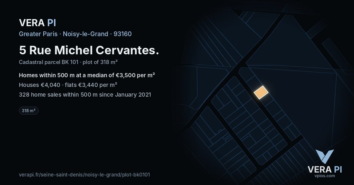 5 Rue Michel Cervantes, Noisy-le-Grand at night – the plot lit, the parcels around coloured by the prices near them