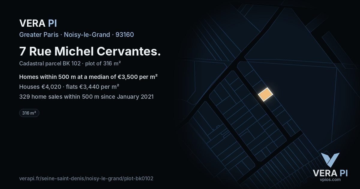 7 Rue Michel Cervantes, Noisy-le-Grand at night – the plot lit, the parcels around coloured by the prices near them