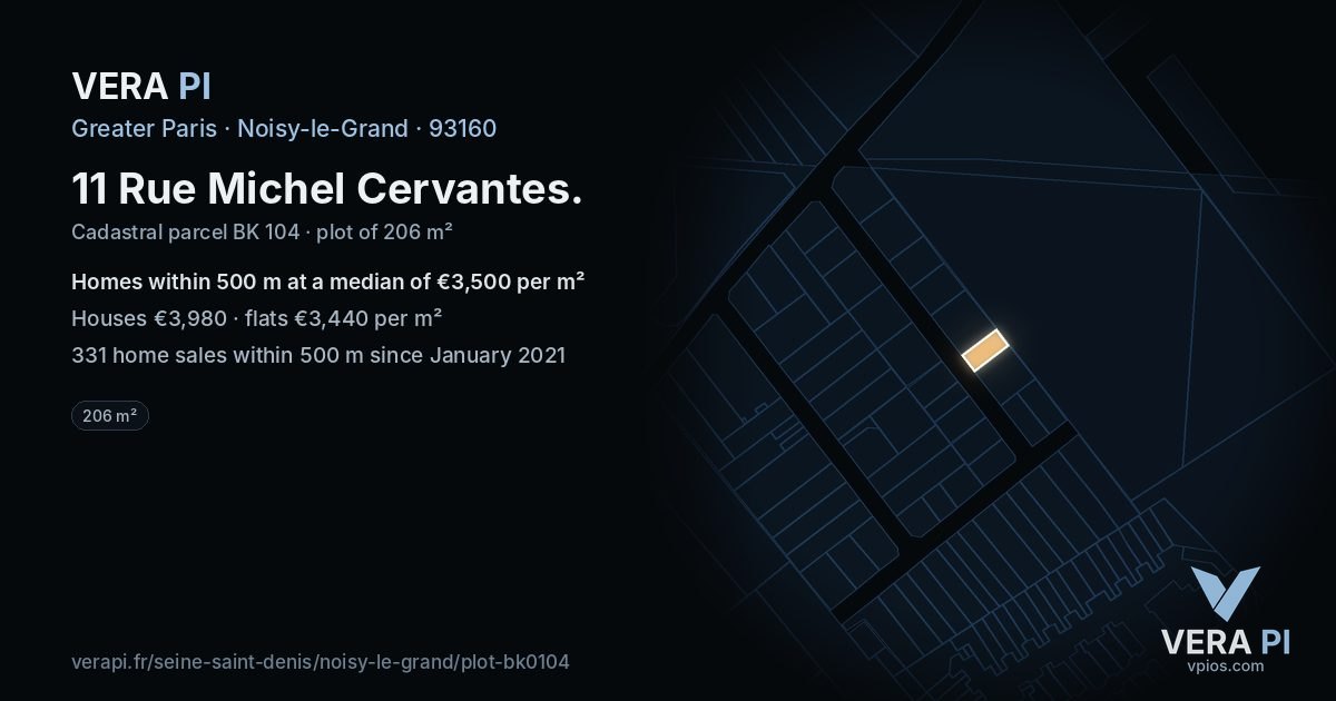 11 Rue Michel Cervantes, Noisy-le-Grand at night – the plot lit, the parcels around coloured by the prices near them