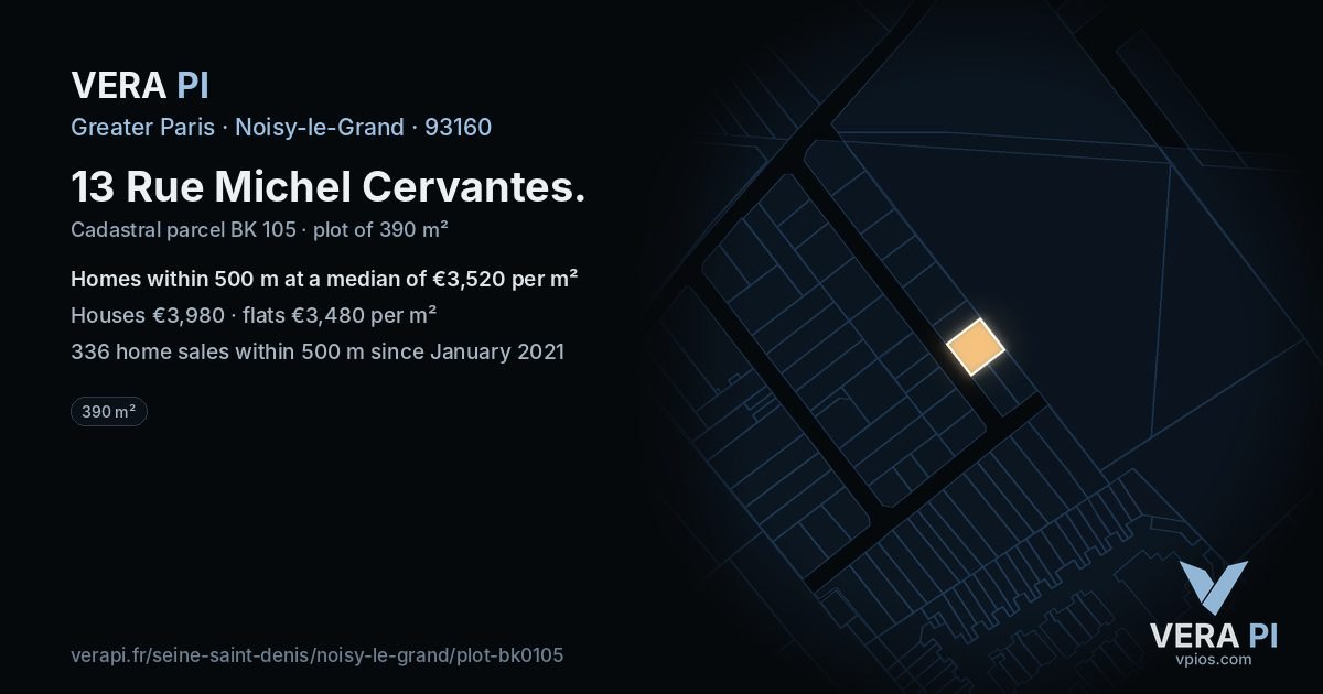 13 Rue Michel Cervantes, Noisy-le-Grand at night – the plot lit, the parcels around coloured by the prices near them
