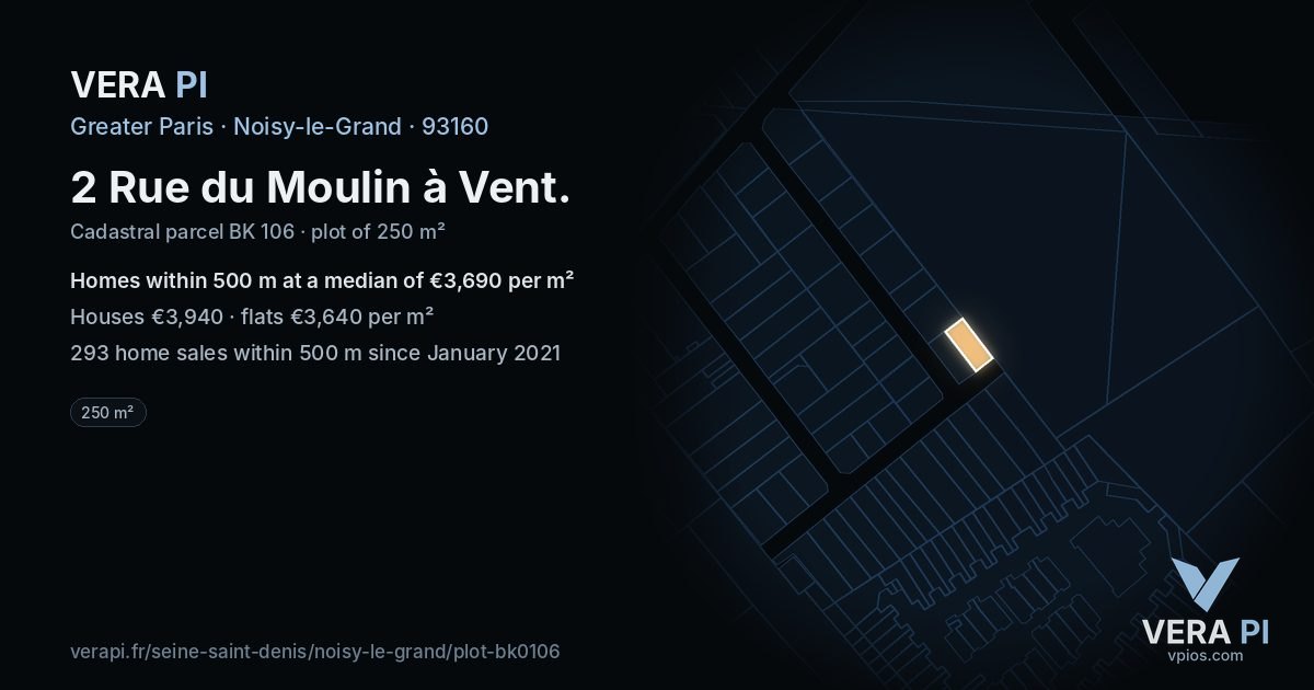 2 Rue du Moulin à Vent, Noisy-le-Grand at night – the plot lit, the parcels around coloured by the prices near them
