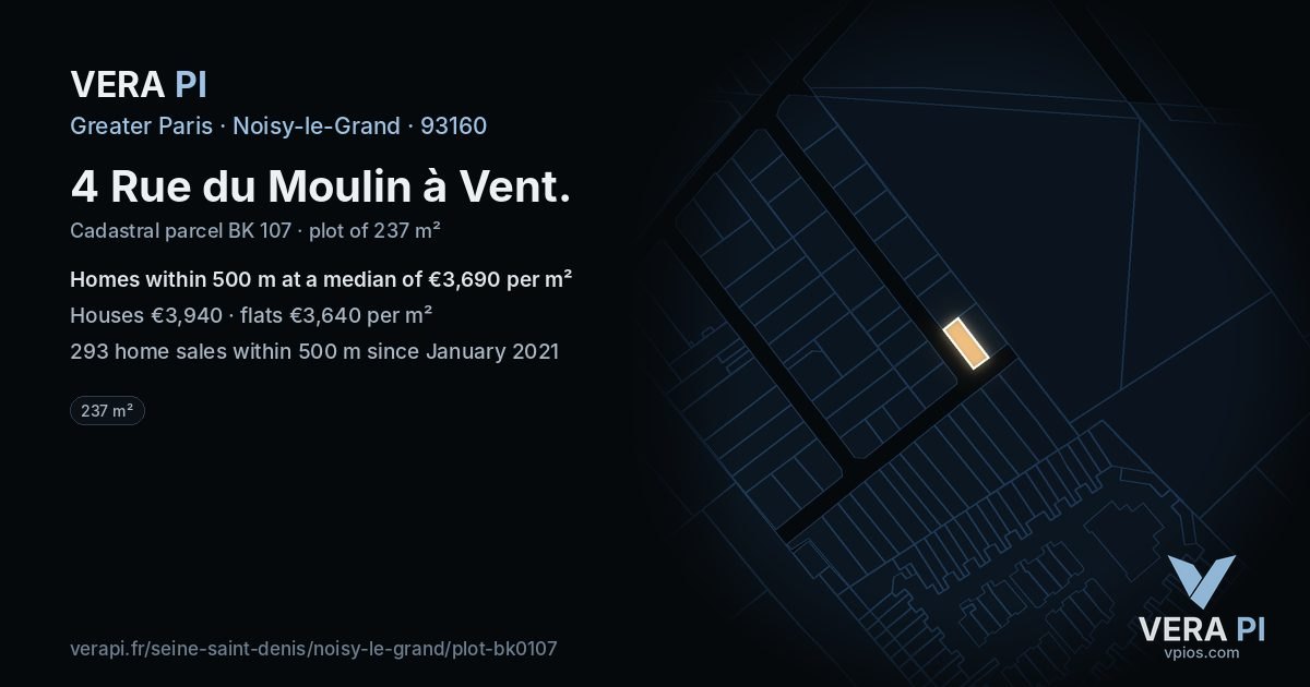 4 Rue du Moulin à Vent, Noisy-le-Grand at night – the plot lit, the parcels around coloured by the prices near them