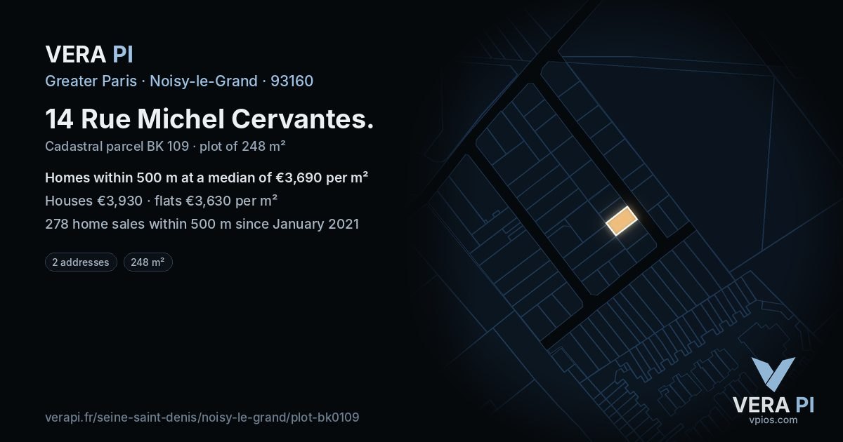 14 Rue Michel Cervantes, Noisy-le-Grand at night – the plot lit, the parcels around coloured by the prices near them
